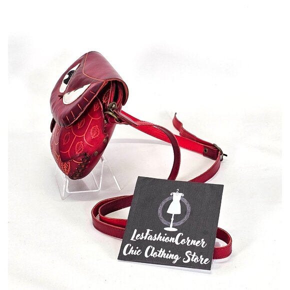 Art93 Women's Red Leather Owl Hand-Stitched Crossbody Purse Size Small 1699 - Picture 7 of 11